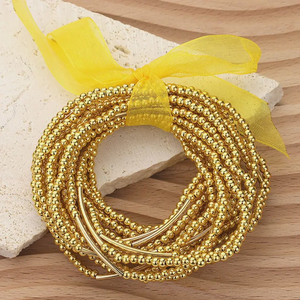 Metal Ball Beaded Stretch Multi Layered Bracelets | Gold