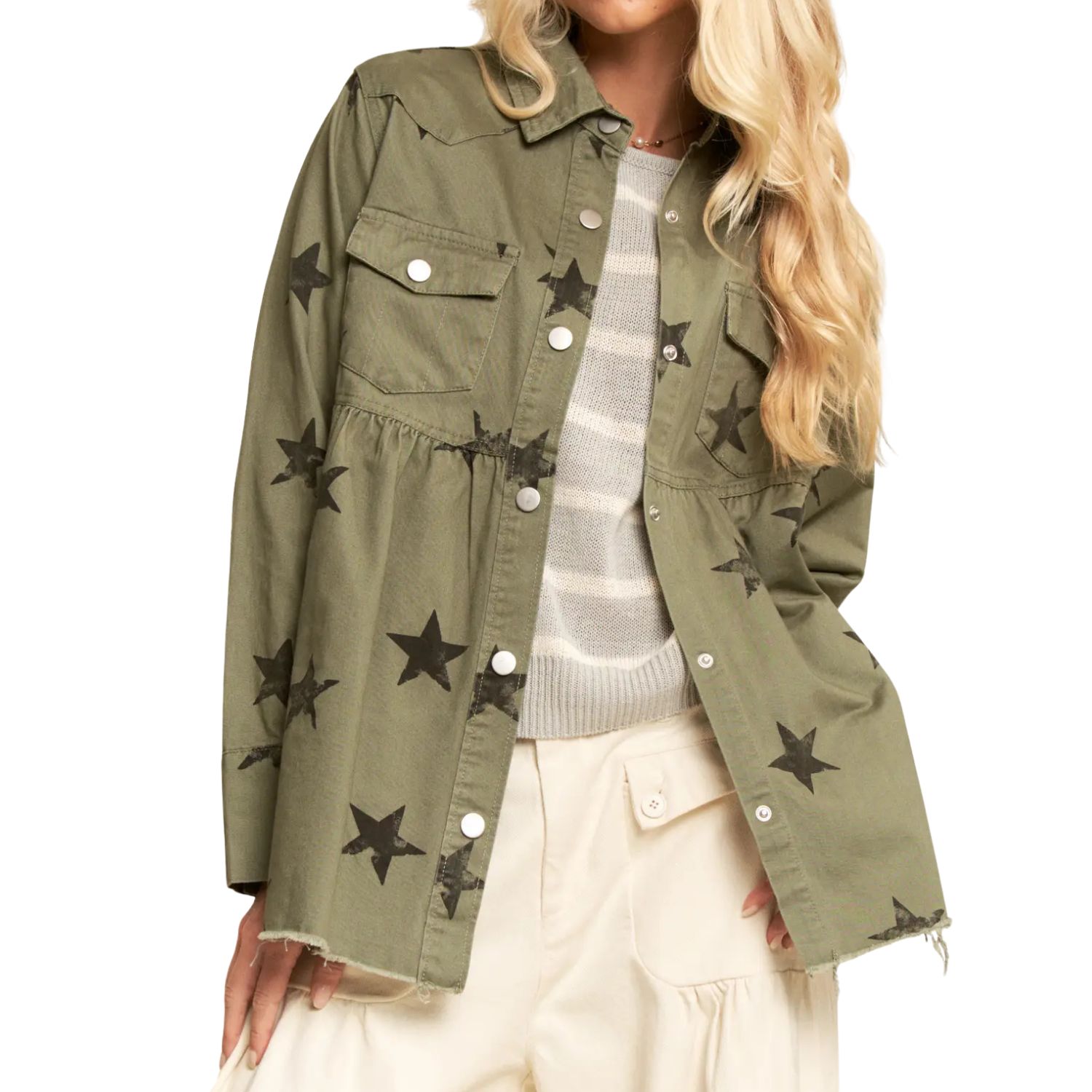 This Star Printed Baby Doll Front Snap Jacket