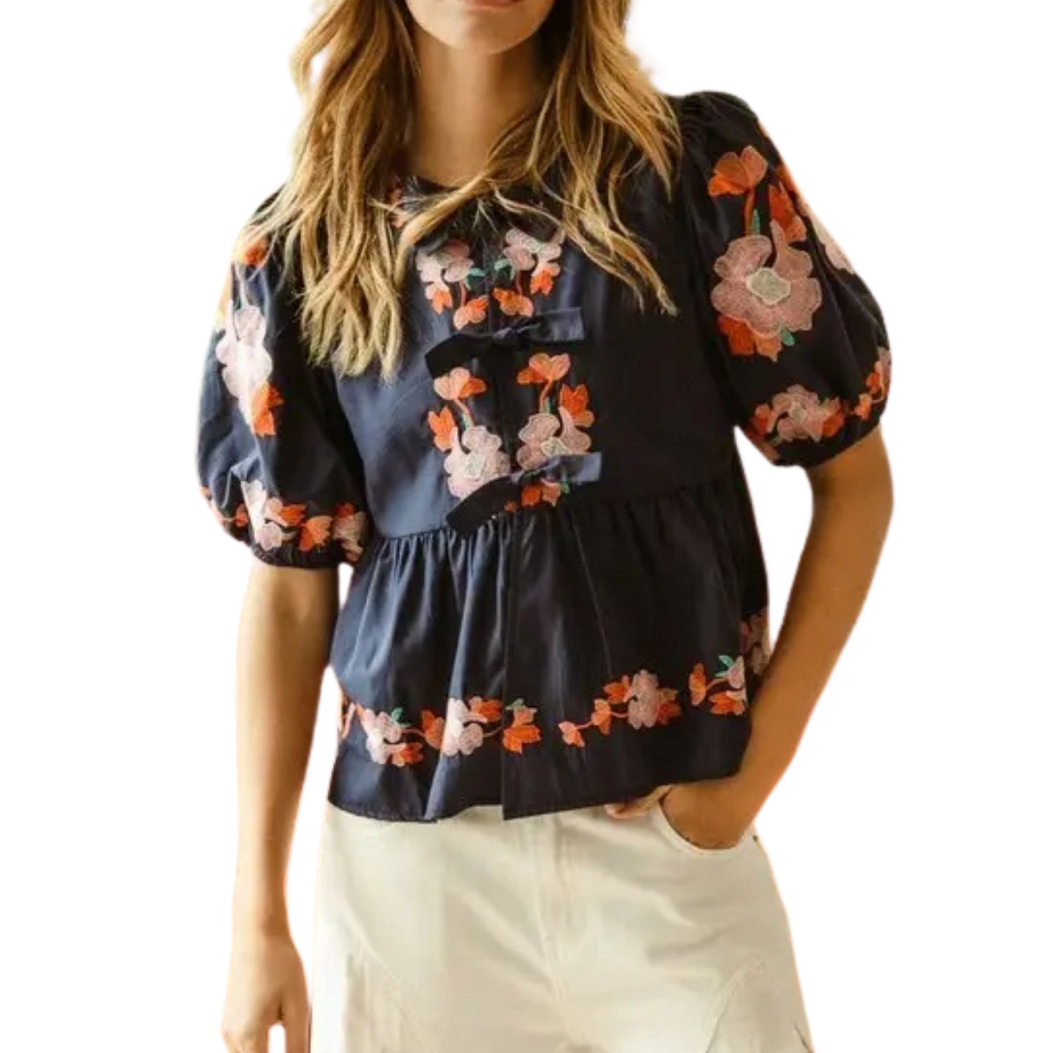 Bow Ribbon Detailed Puff Sleeve Top