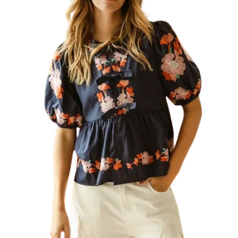 Bow Ribbon Detailed Puff Sleeve Top