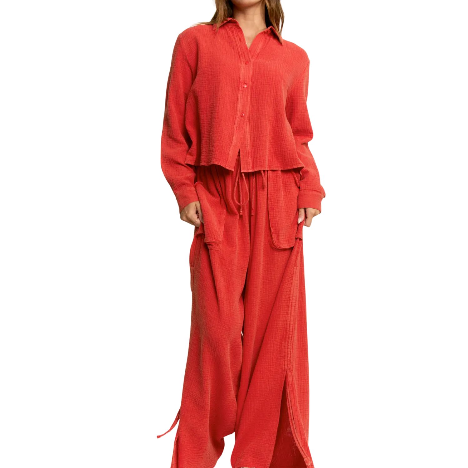 Garment Crop Shirt Top Leg Pants Set- Red
