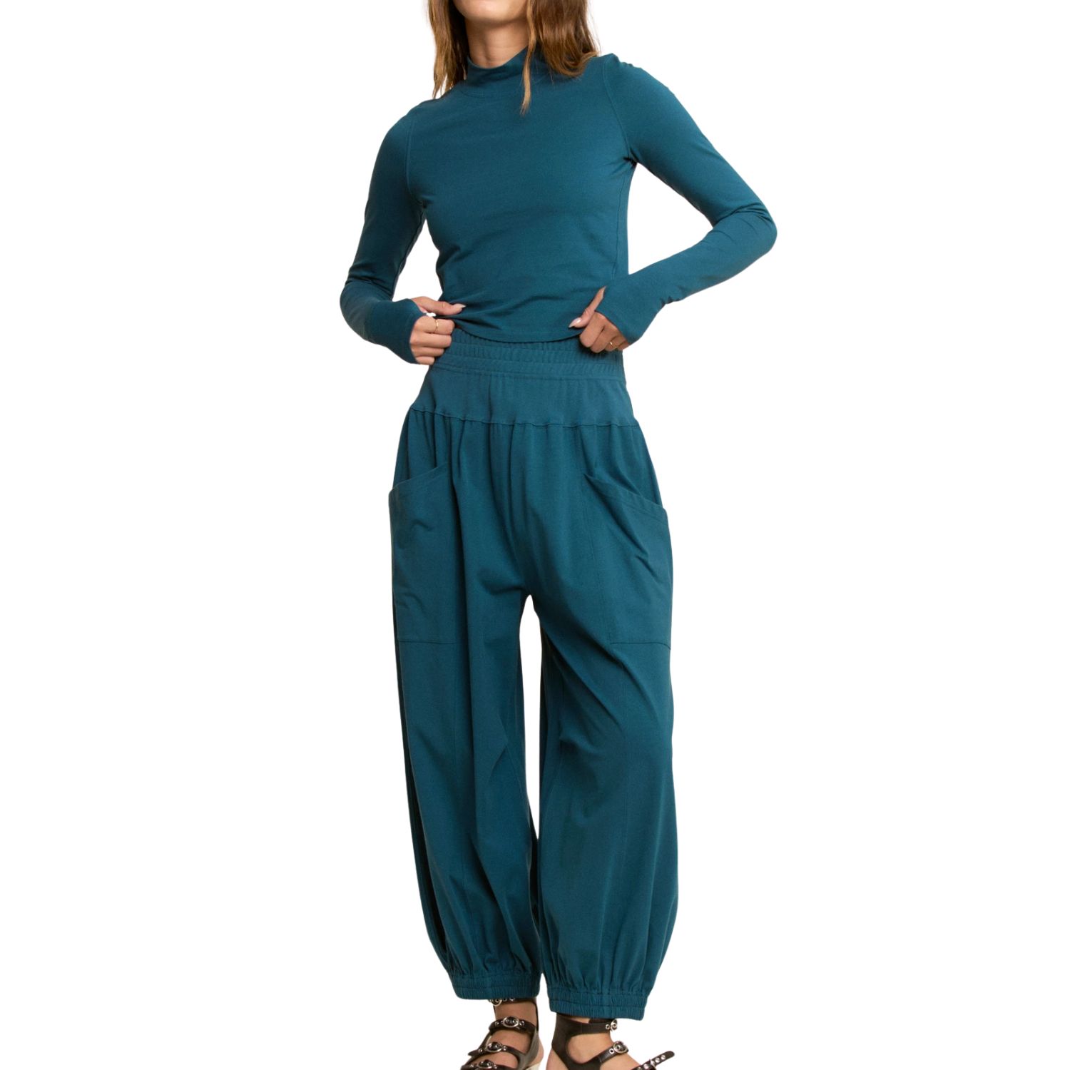 Textured Mock Neck Relaxed Lounge Set- Teal