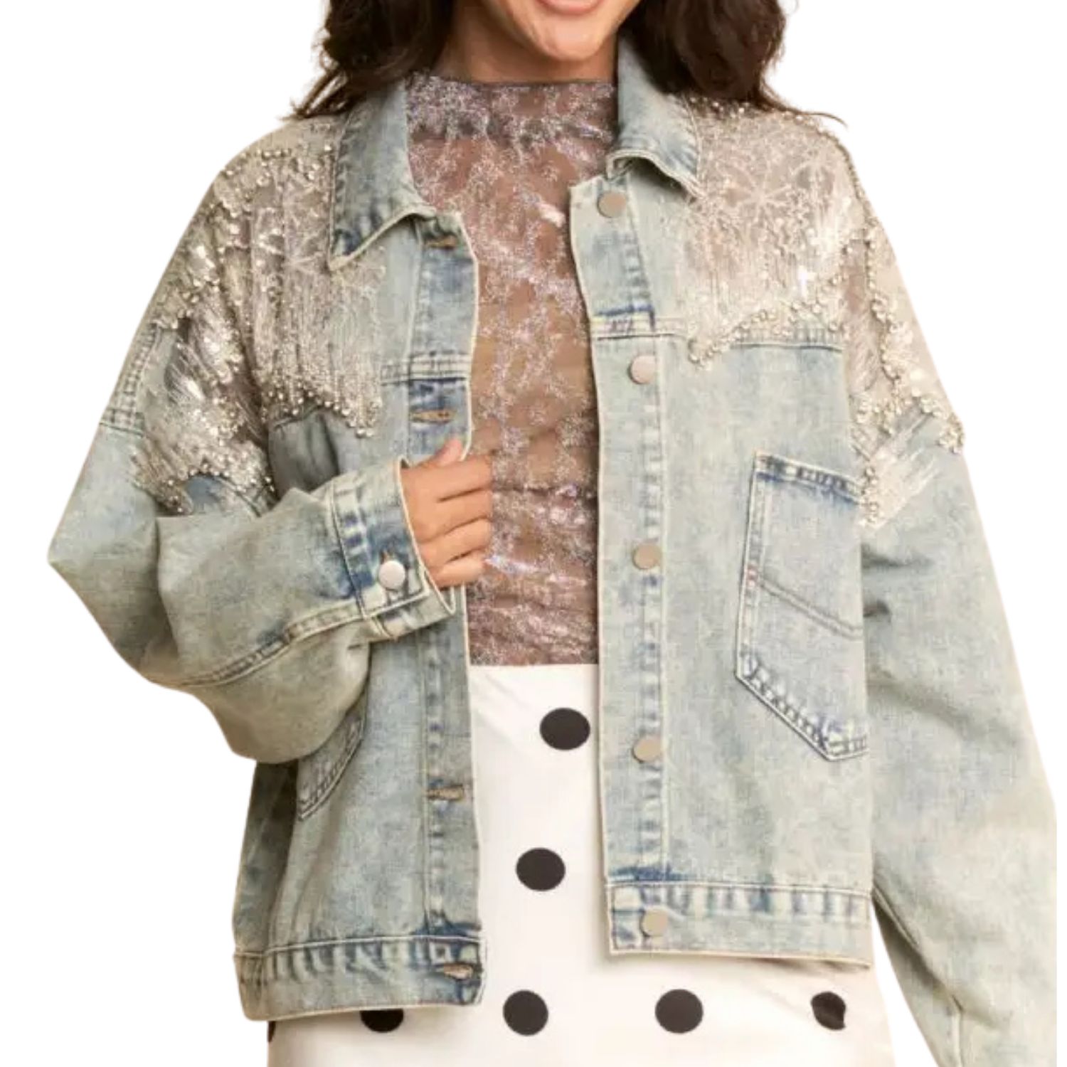 Mesh Stitching Button Down Denim Jacket