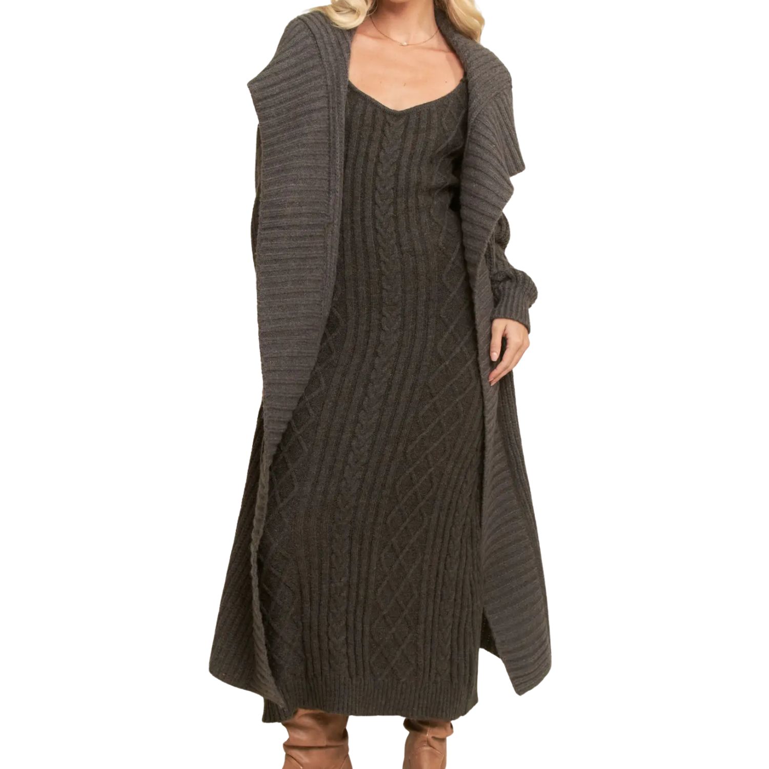 Ribbed Texture Cardigan Matching Long Dress Set