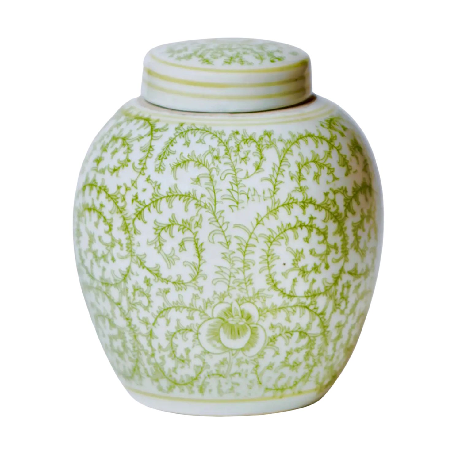 Green and White Porcelain Scrolling Peony Round Jar