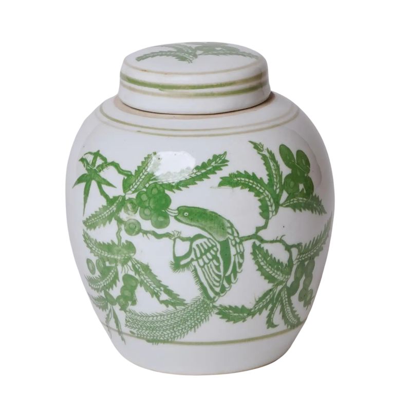 Green and White Porcelain Bird and Flower Round Jar