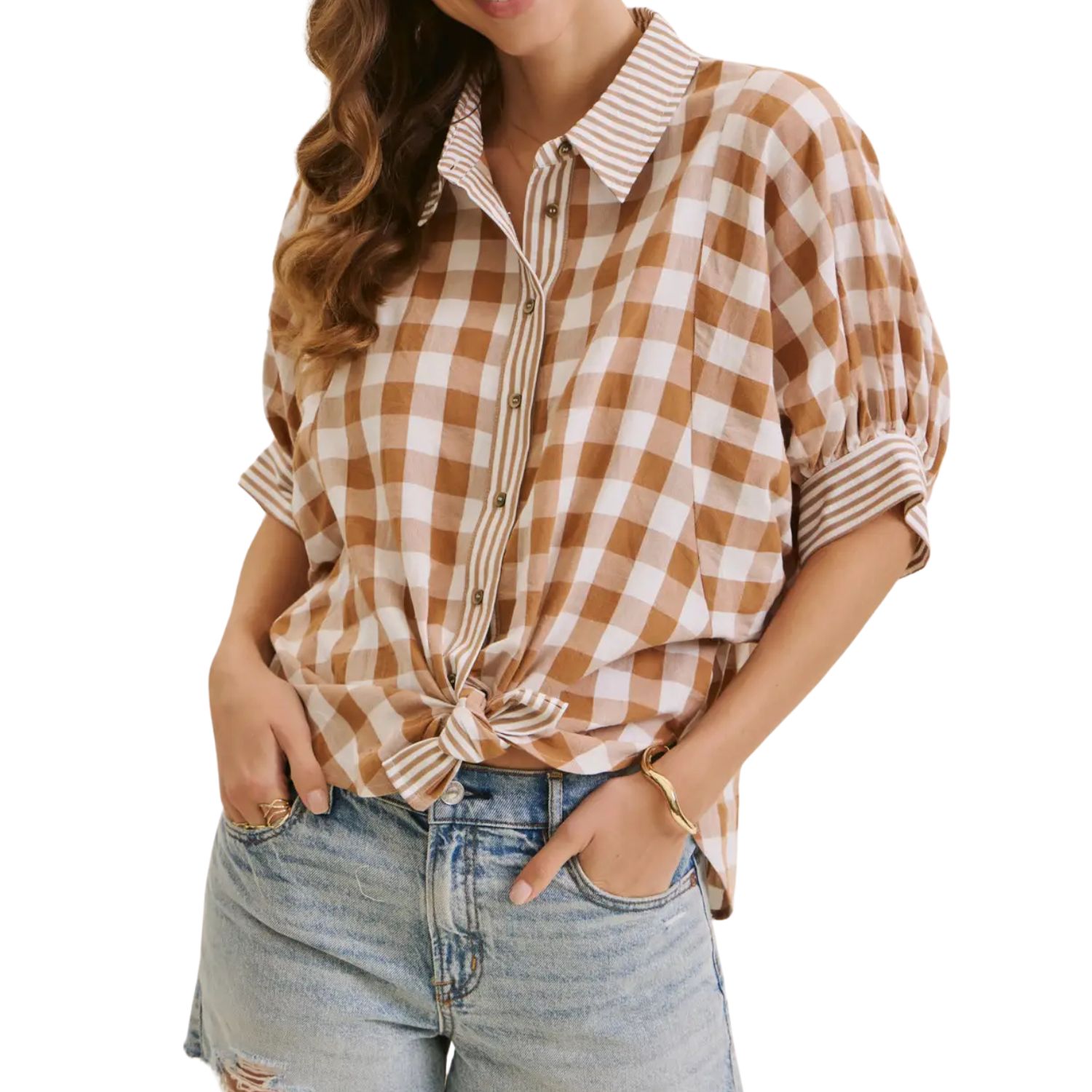 Playfully Modern Gingham Voluminious Balloon-Sleeves Shirt