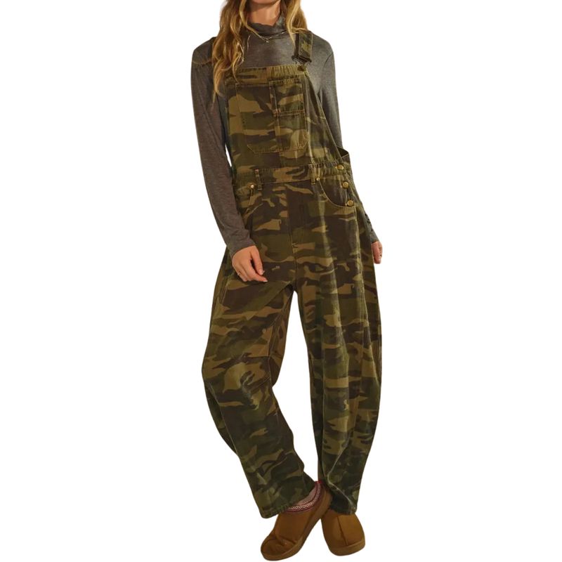 Camo Denim Barrel Overall Jumpsuit