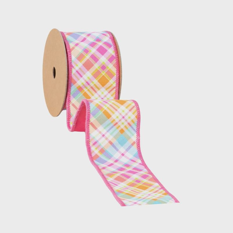 2.5" Hot Pink Bias Plaid Wired Dupioni Ribbon – 10 Yard Roll