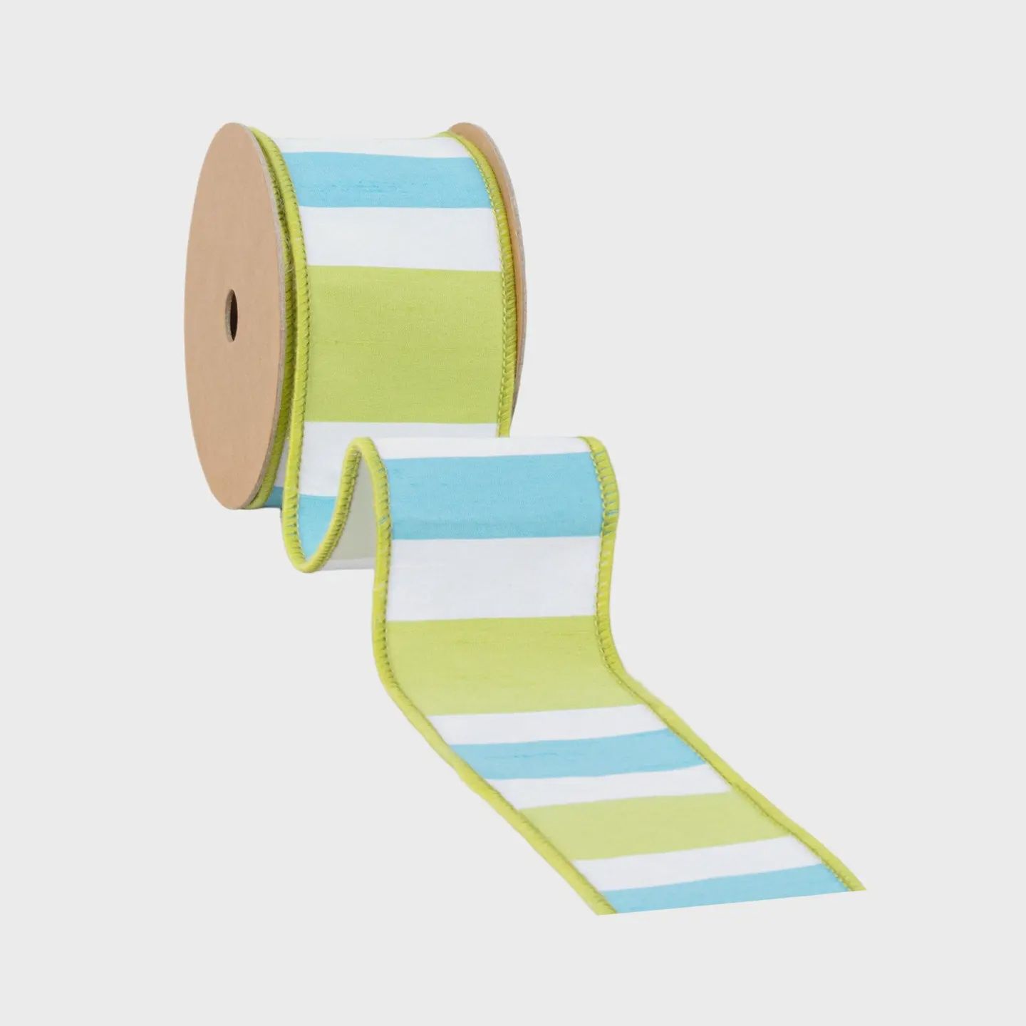 2.5" Green, White &amp; Blue Striped Wired Dupioni Ribbon – 10 Yard Roll
