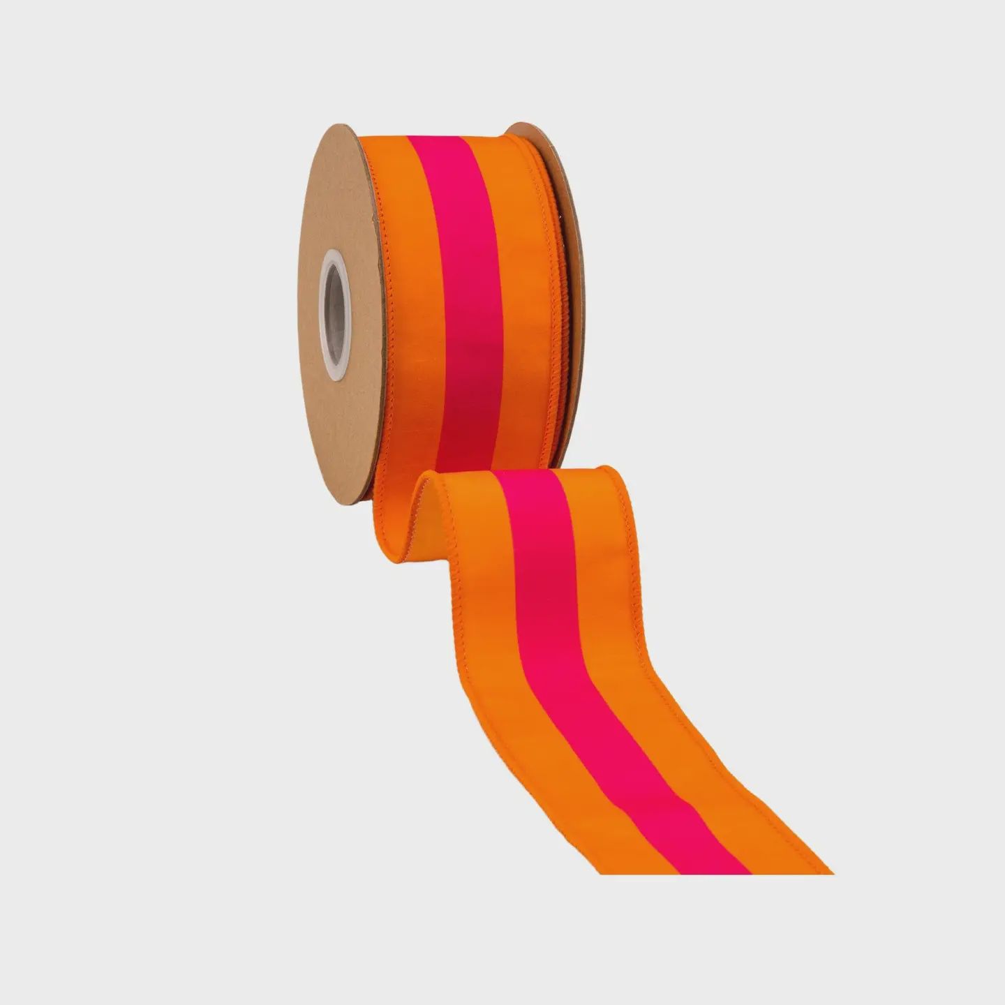 2.5" Pink on Orange Center Stripe Wired Dupioni Ribbon – 10 Yard Roll
