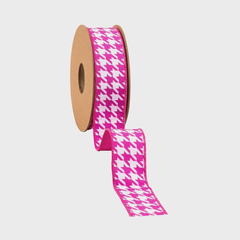 1 1/2" Pink &amp; White Herringbone Wired Dupioni Ribbon – 10 Yard Roll