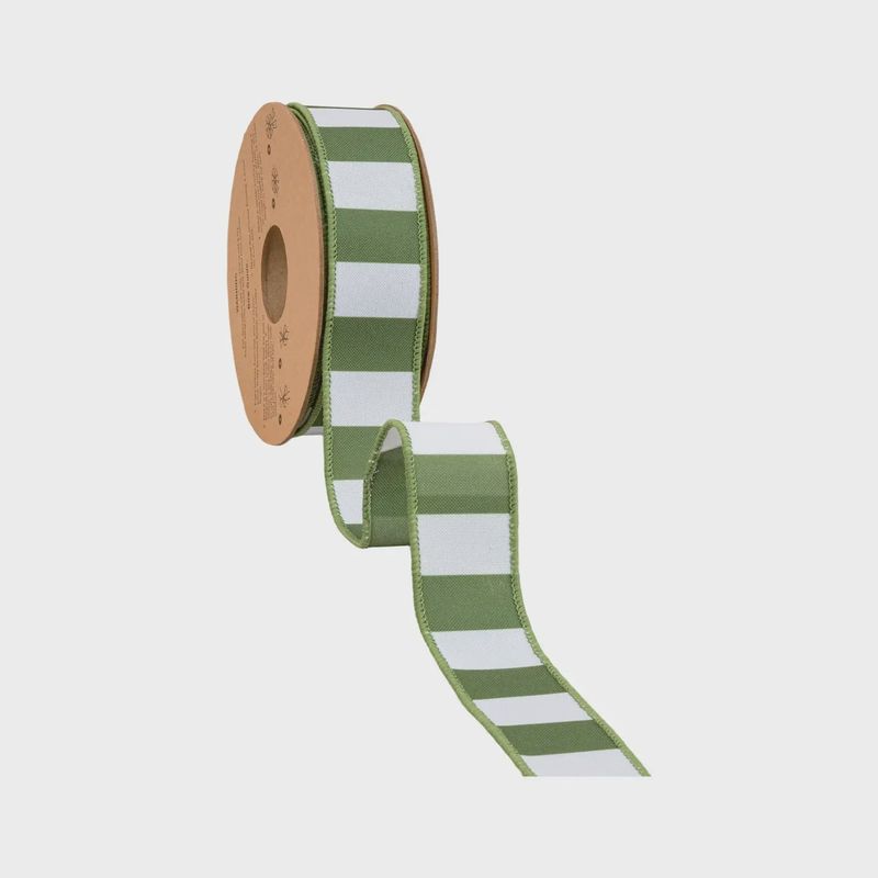 1 1/2" Green &amp; White Horizontal Stripe Wired Ribbon – 10 Yard Roll