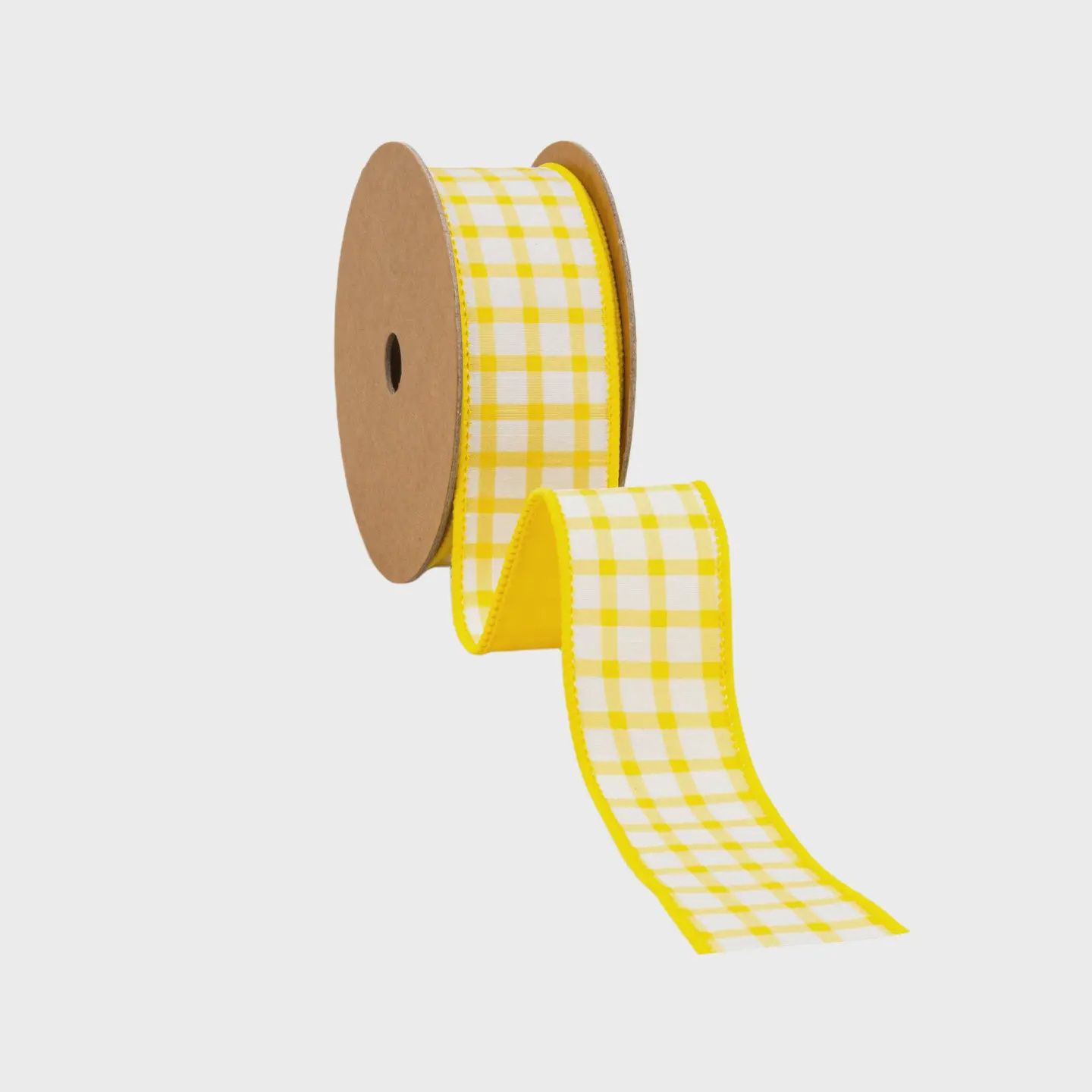 1 1/2" Yellow &amp; White Check Wired Dupioni Ribbon – 10 Yard Roll