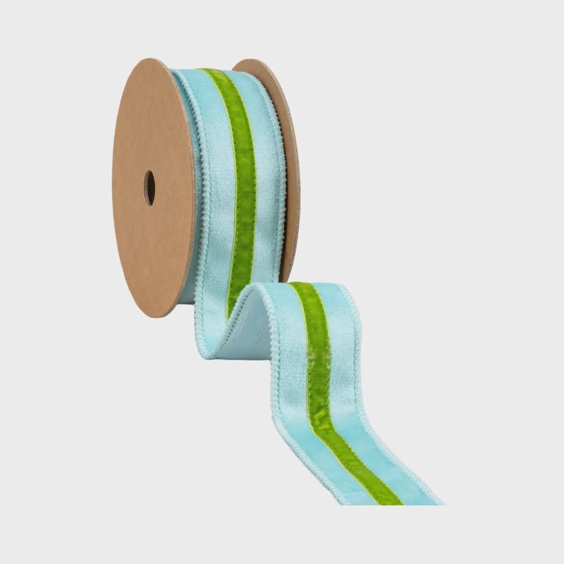 1 1/2" Blue Velvet Wired Ribbon with Green Trim – 10 Yard Roll