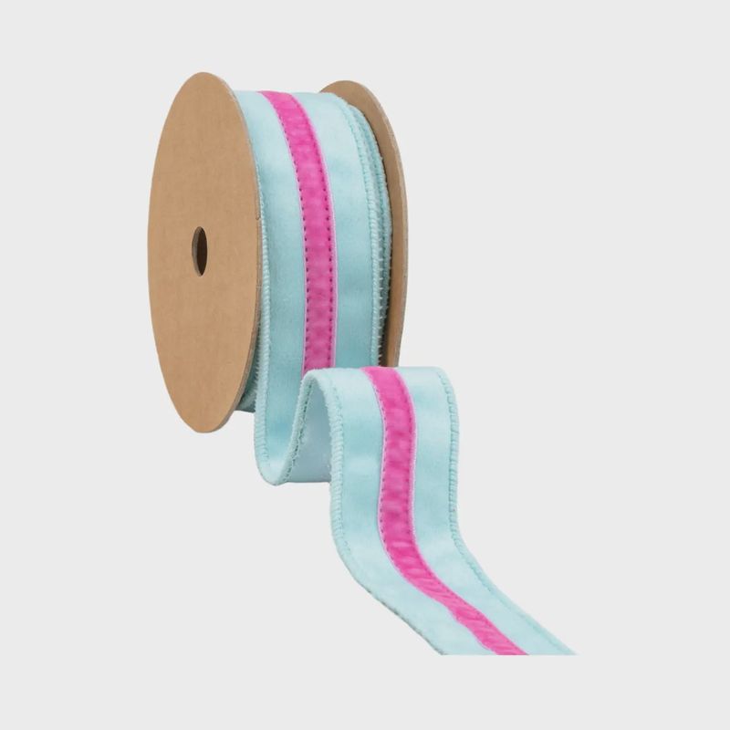 1 1/2" Blue Velvet Wired Ribbon with Pink Trim – 10 Yard Roll