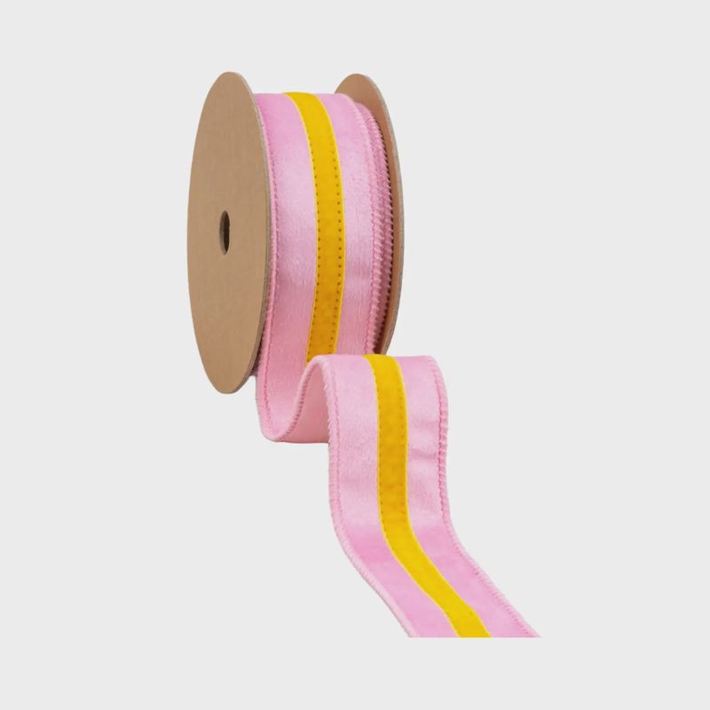 1 1/2" Pink Velvet Wired Ribbon with Yellow Trim – 10 Yard Roll