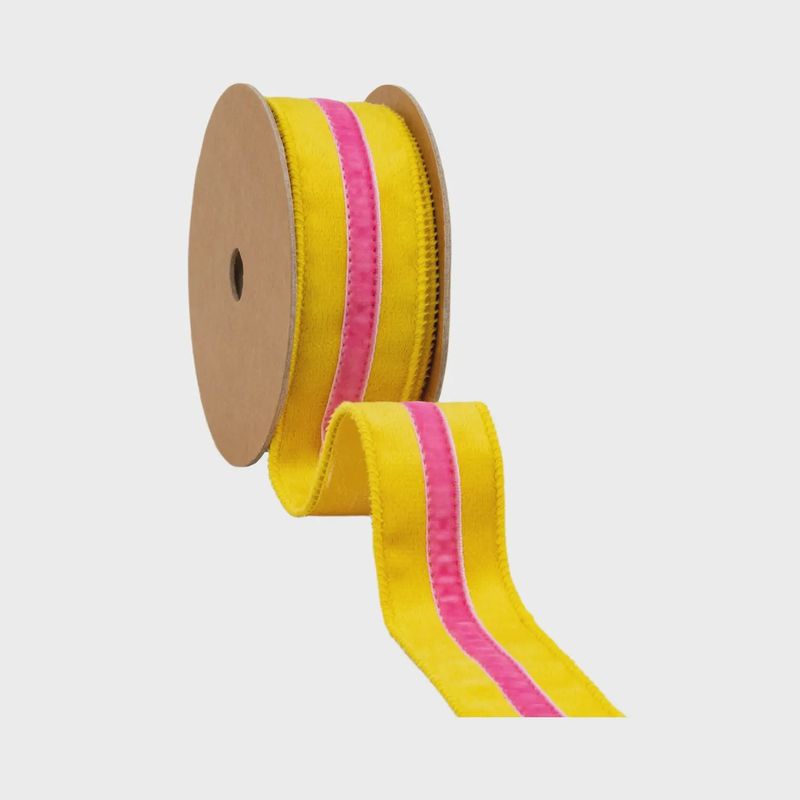 1 1/2" Yellow Velvet Wired Ribbon with Pink Trim – 10 Yard Roll