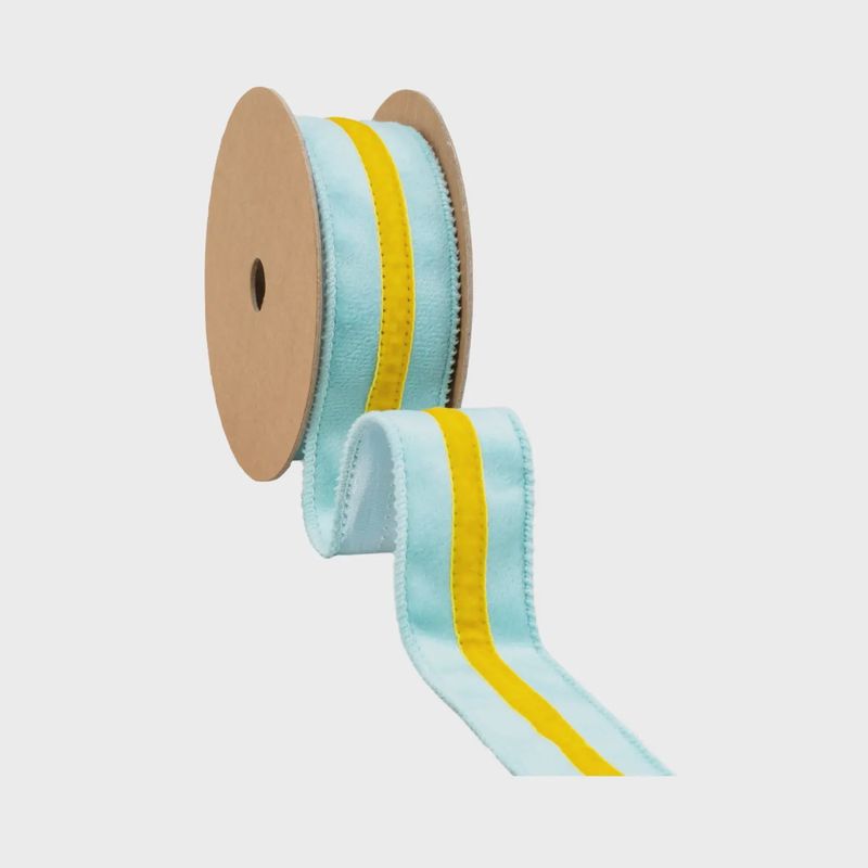 1 1/2" Blue Velvet Wired Ribbon with Yellow Trim – 10 Yard Roll