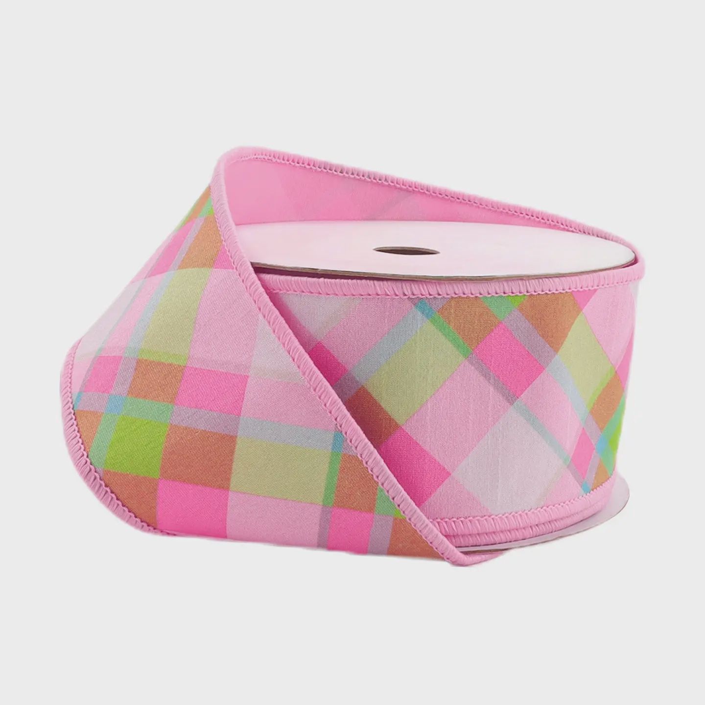 2 1/2" Bias Plaid Pink &amp; White Wired Dupioni Ribbon – 10 Yard Roll