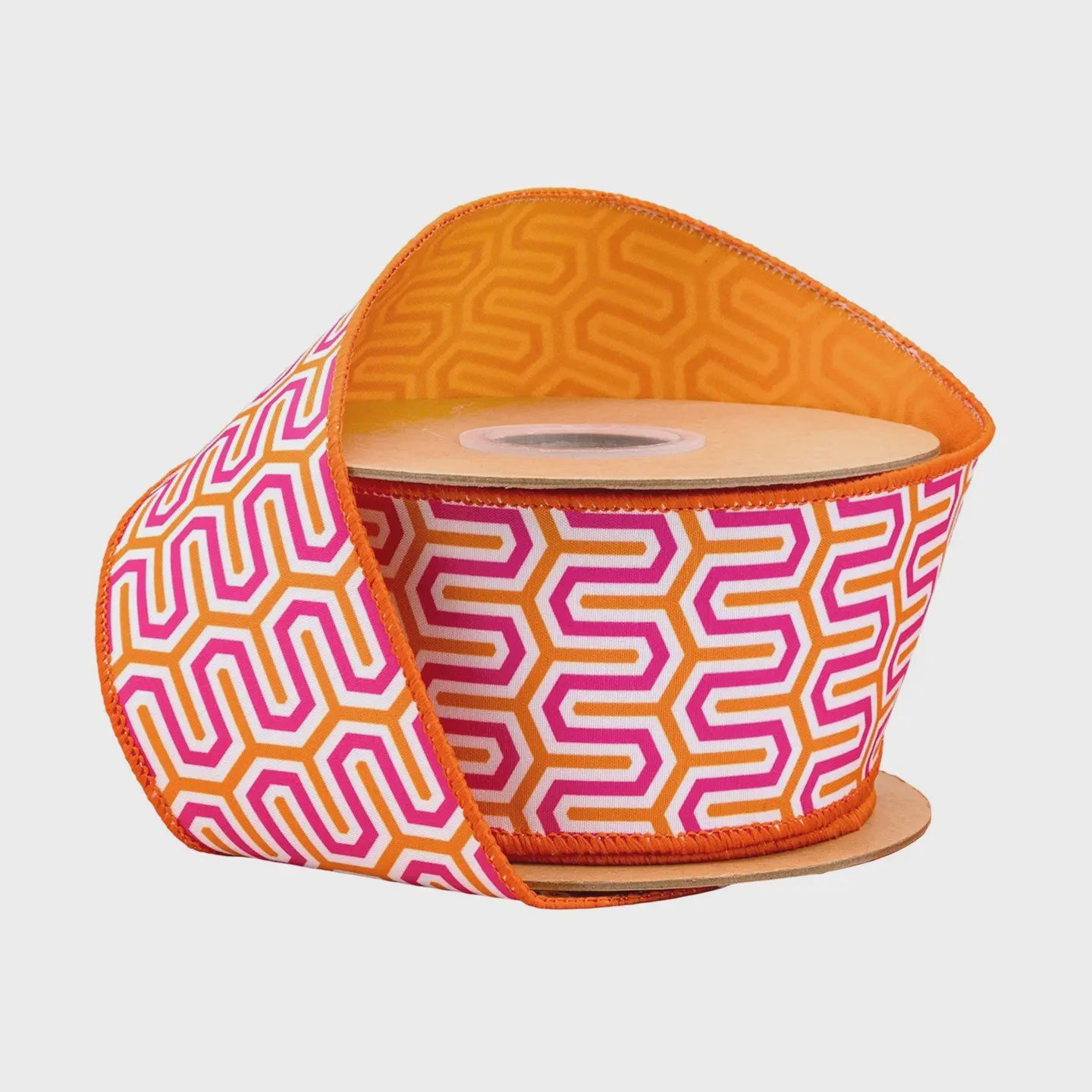 2 1/2" Pink, Orange &amp; White Geometric Wired Dupioni Ribbon – 10 Yard Roll