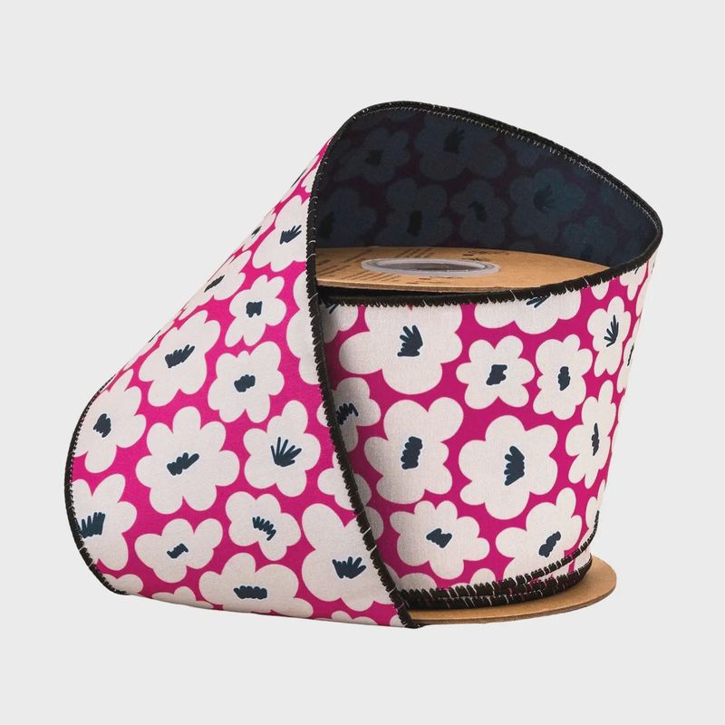 4" Black &amp; White Floral on Pink Wired Dupioni Ribbon – 10 Yard Roll