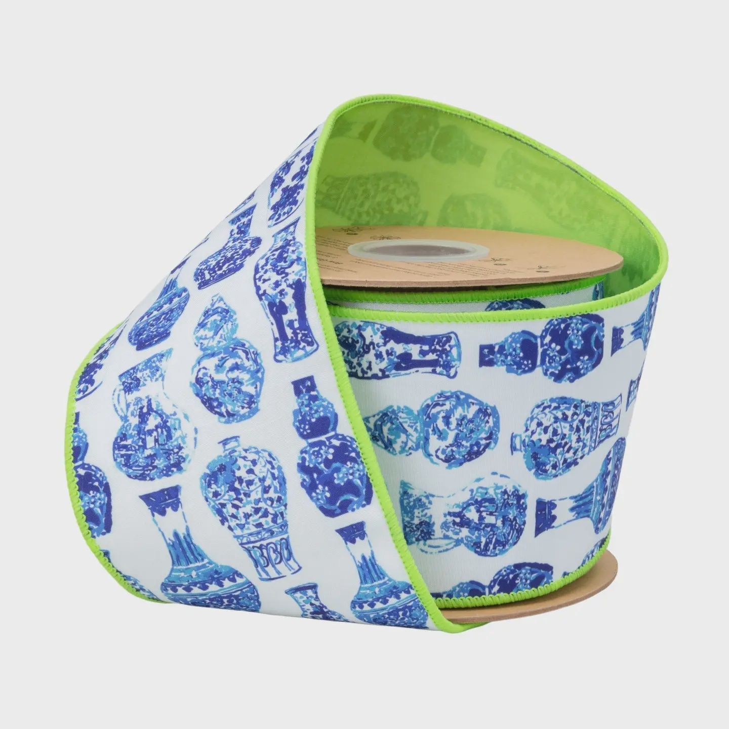 4" Blue &amp; White China Pots Wired Dupioni Ribbon – 10 Yard Roll