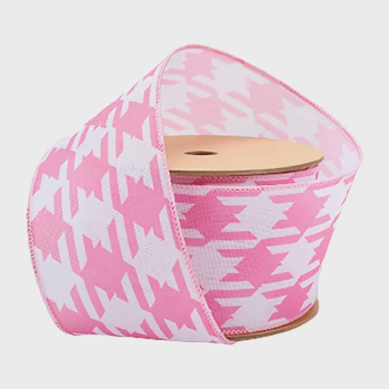 2 1/2" Pink &amp; White Herringbone Wired Ribbon – 10 Yard Roll