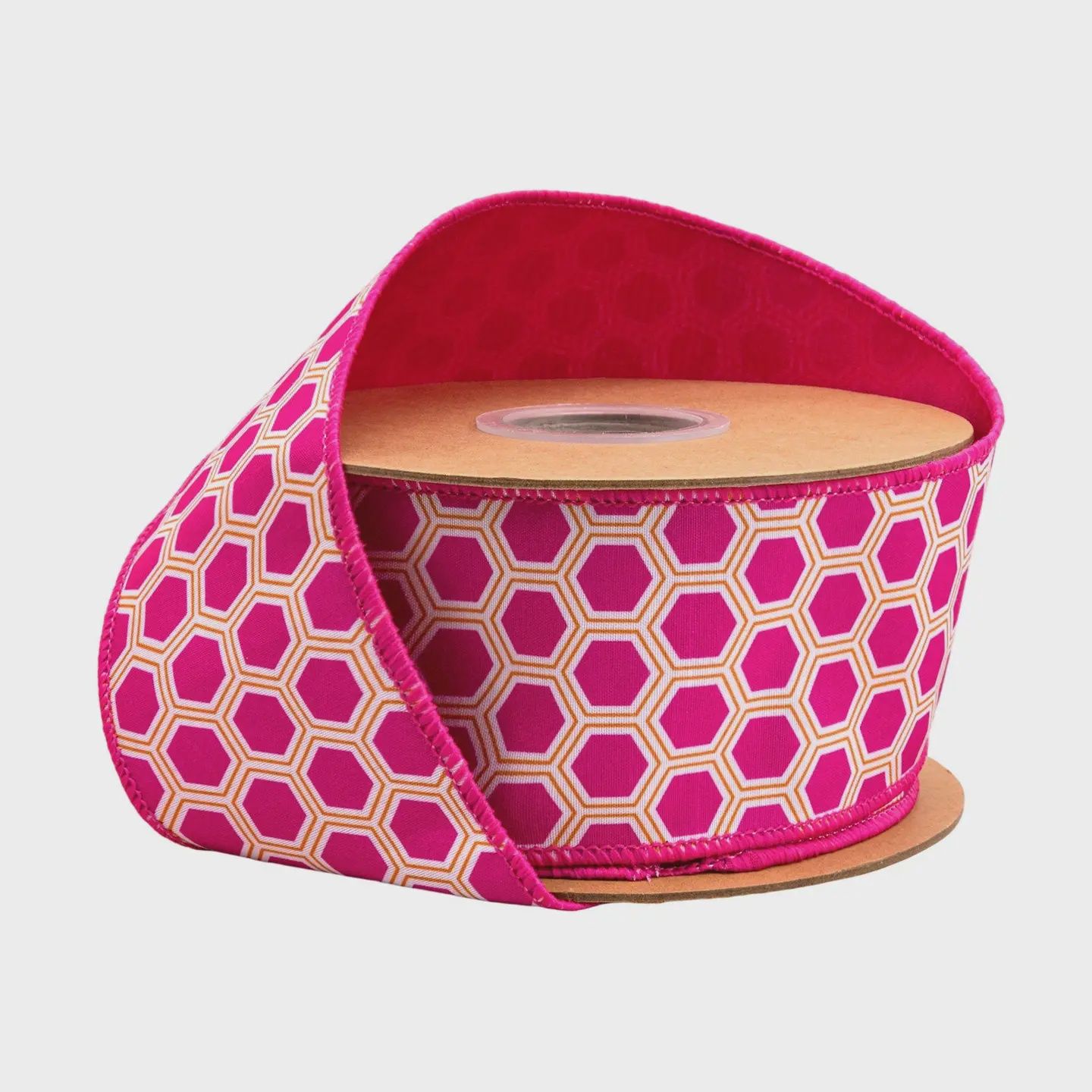 2 1/2" Pink &amp; Orange Hexagon Wired Dupioni Ribbon – 10 Yard Roll