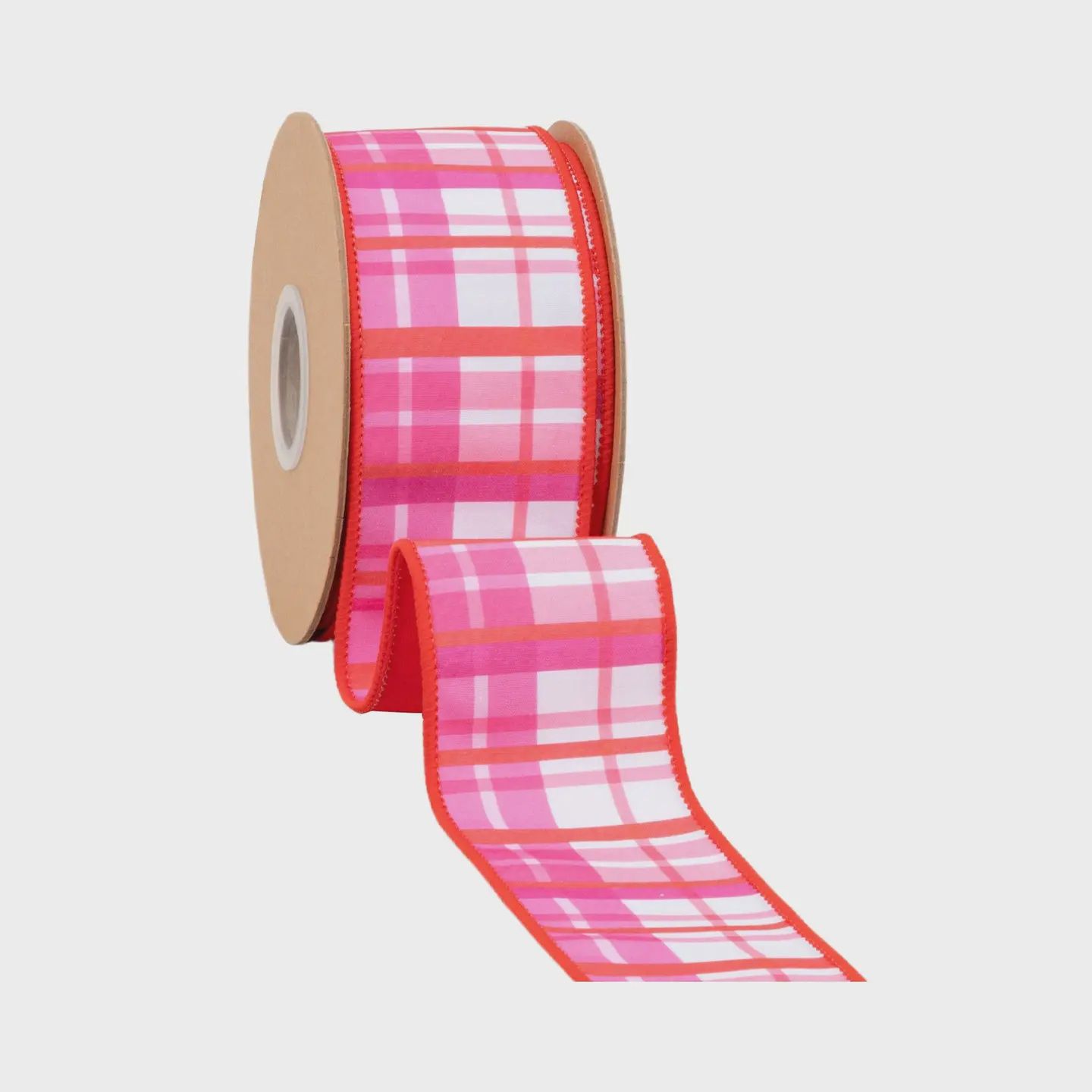 2 1/2" Red &amp; Pink Plaid Wired Dupioni Ribbon – 10 Yard Roll