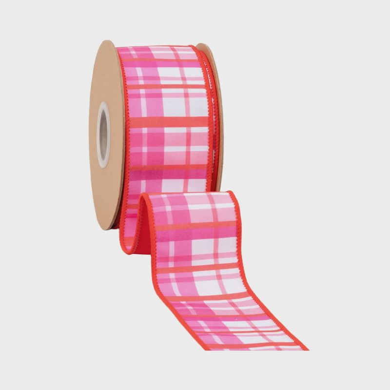 2 1/2" Red &amp; Pink Plaid Wired Dupioni Ribbon – 10 Yard Roll