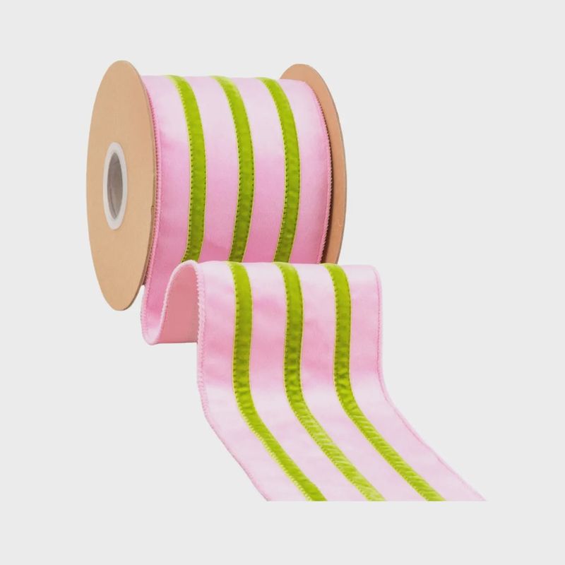 4" Wired Velvet Ribbon w/ Trim – Pink w/ Green Trim | 10 Yard Roll