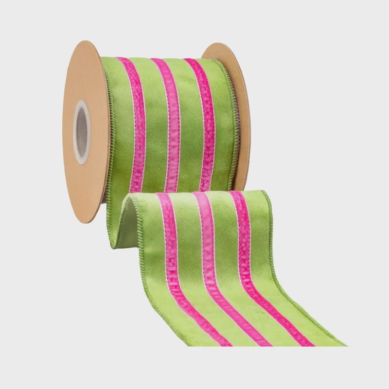 4" Wired Velvet Ribbon w/ Trim – Green w/ Pink Trim | 10 Yard Roll
