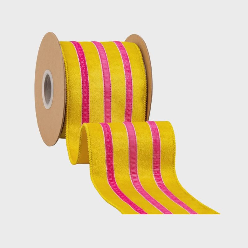 4" Wired Velvet Ribbon w/ Trim – Yellow w/ Pink Trim | 10 Yard Roll
