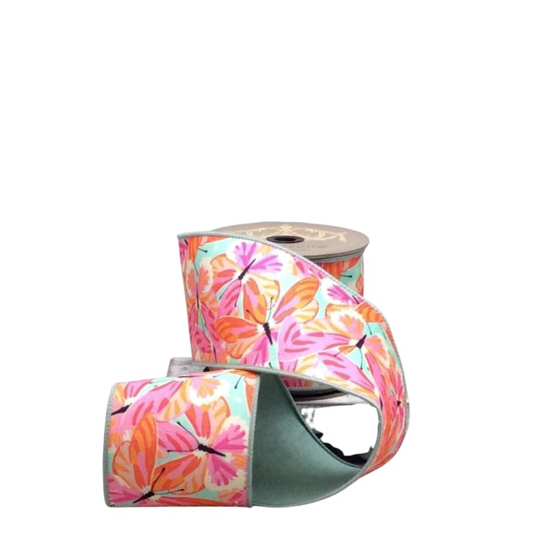 4" x 10yds Colorful Orange &amp; Hot Pink Butterflies