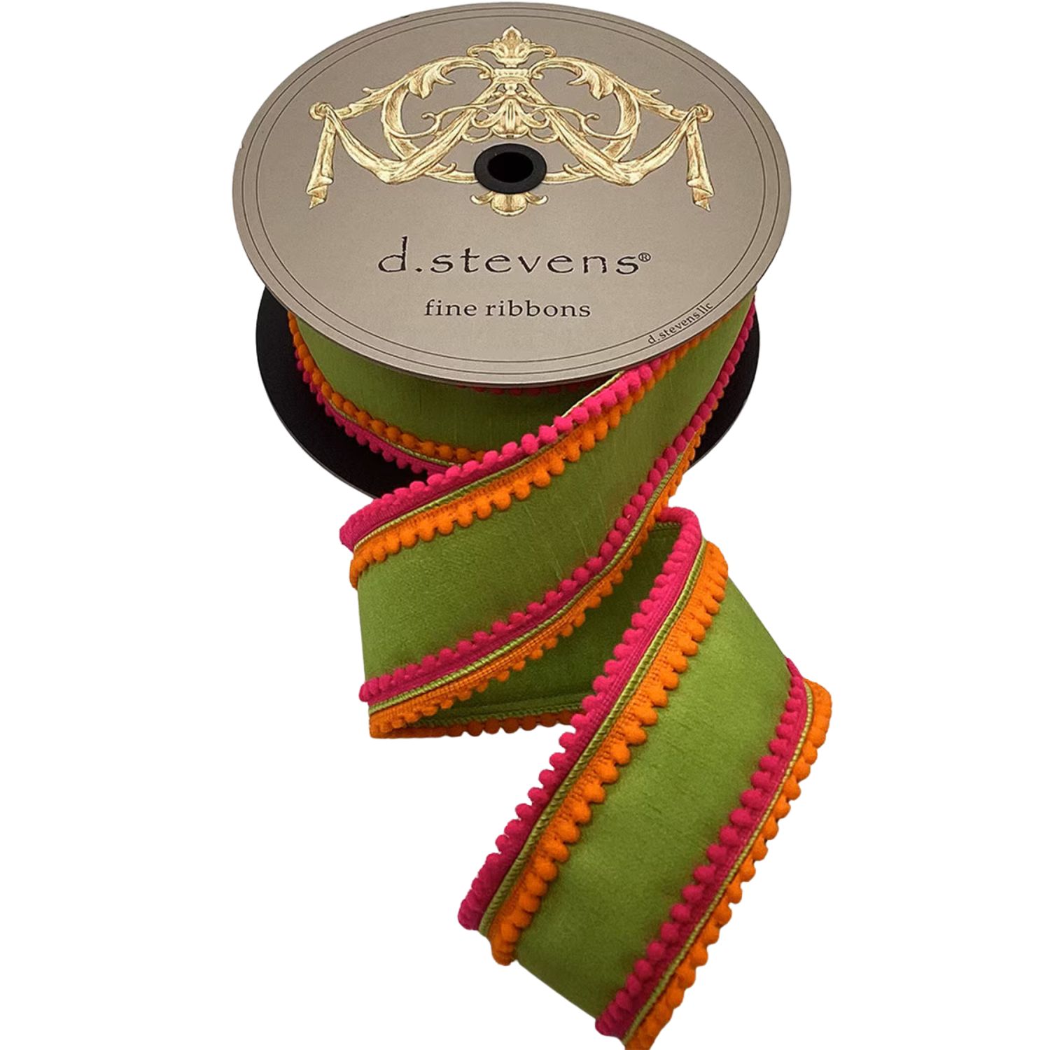 3" x 10yds Dupioni Lime &amp; Orange Pom Pom Trim Ribbon