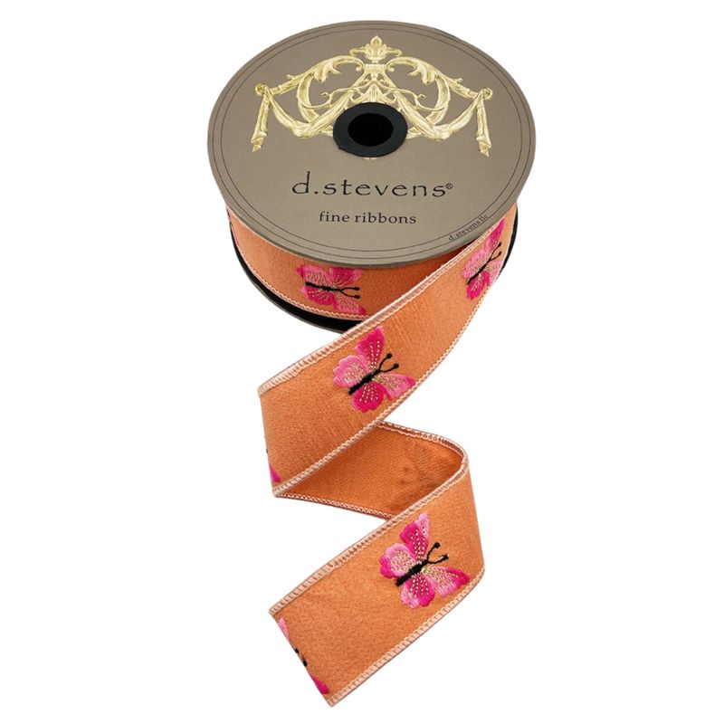 1.5" x 10yds Dupioni Embroidered Two-Tone Pink Butterfly Ribbon