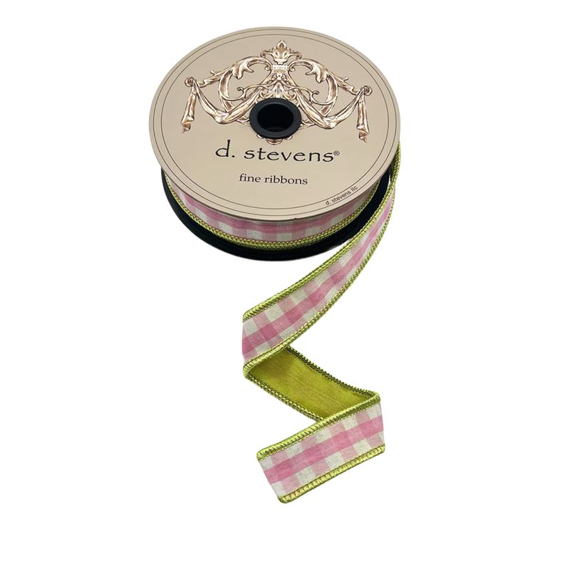 1" x 10yds Gingham Check Ribbon | Pink &amp; White with Lime Back