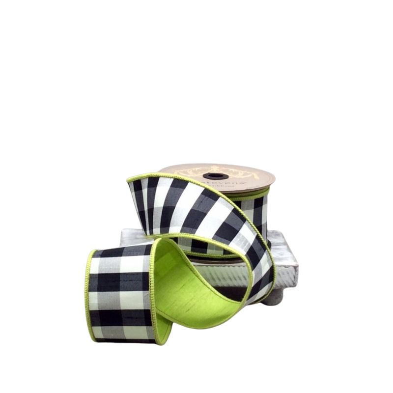2.5" x 10yds Faux Dupion Check Ribbon | Black &amp; White with Green Back