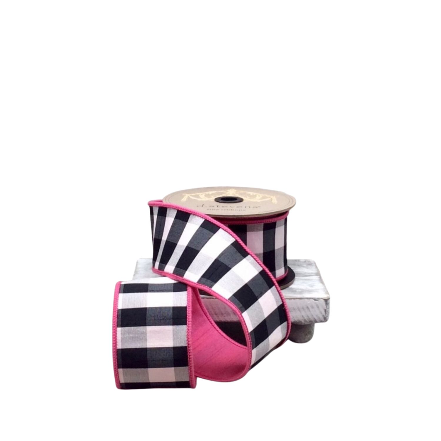 2.5" x 10yds Faux Dupion Check Ribbon | Black &amp; White with Hot Pink Back