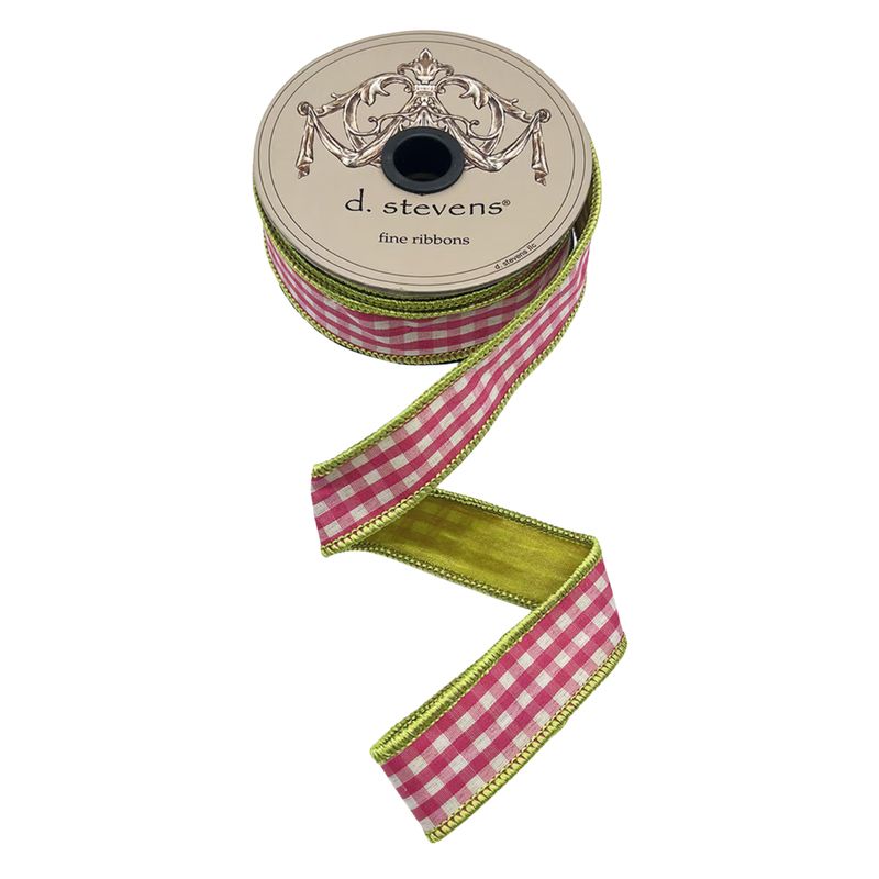 1" x 10yds Gingham Check Ribbon | Hot Pink &amp; White with Lime Back