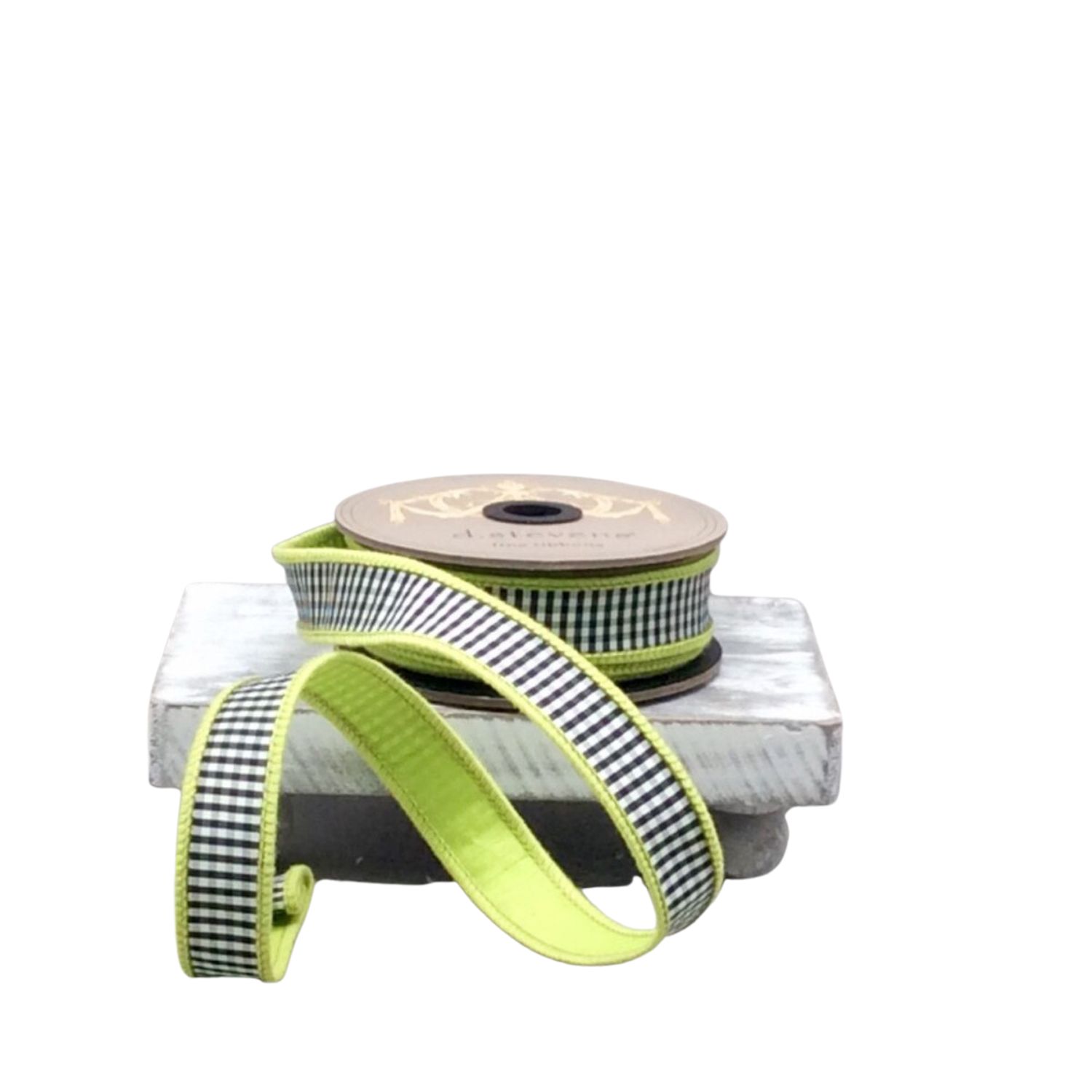 1" x 10yds Faux Dupion Mini Check Ribbon | Black &amp; White with Lime Back