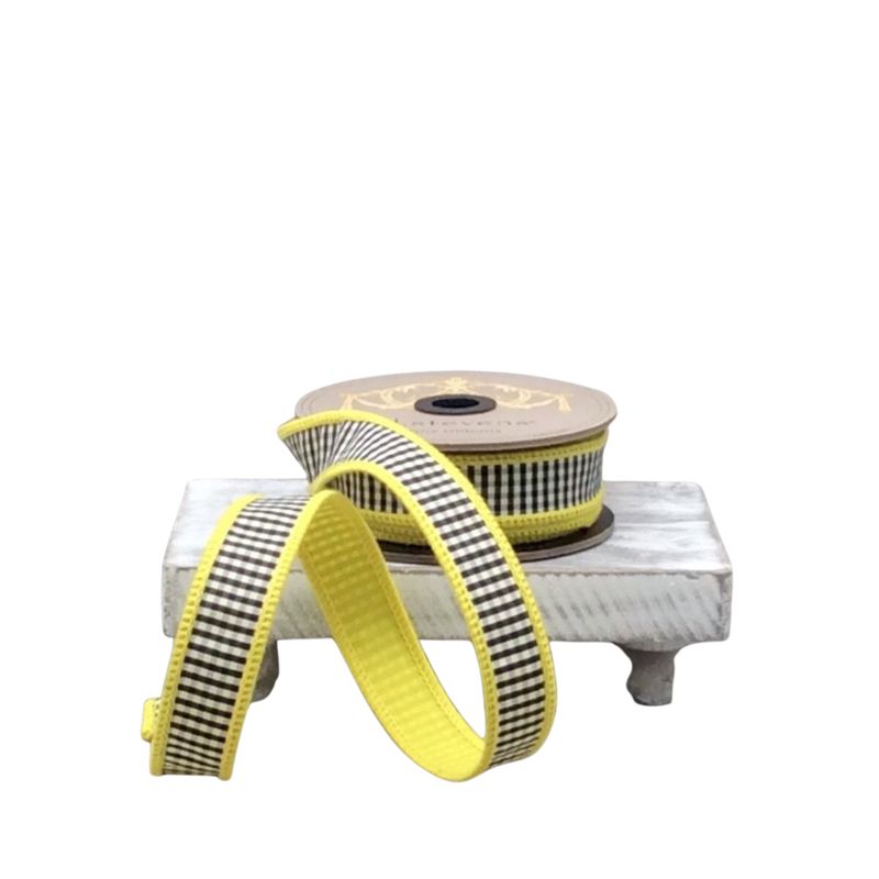 1" x 10yds Faux Dupion Mini Check Ribbon | Black &amp; White with Yellow Back