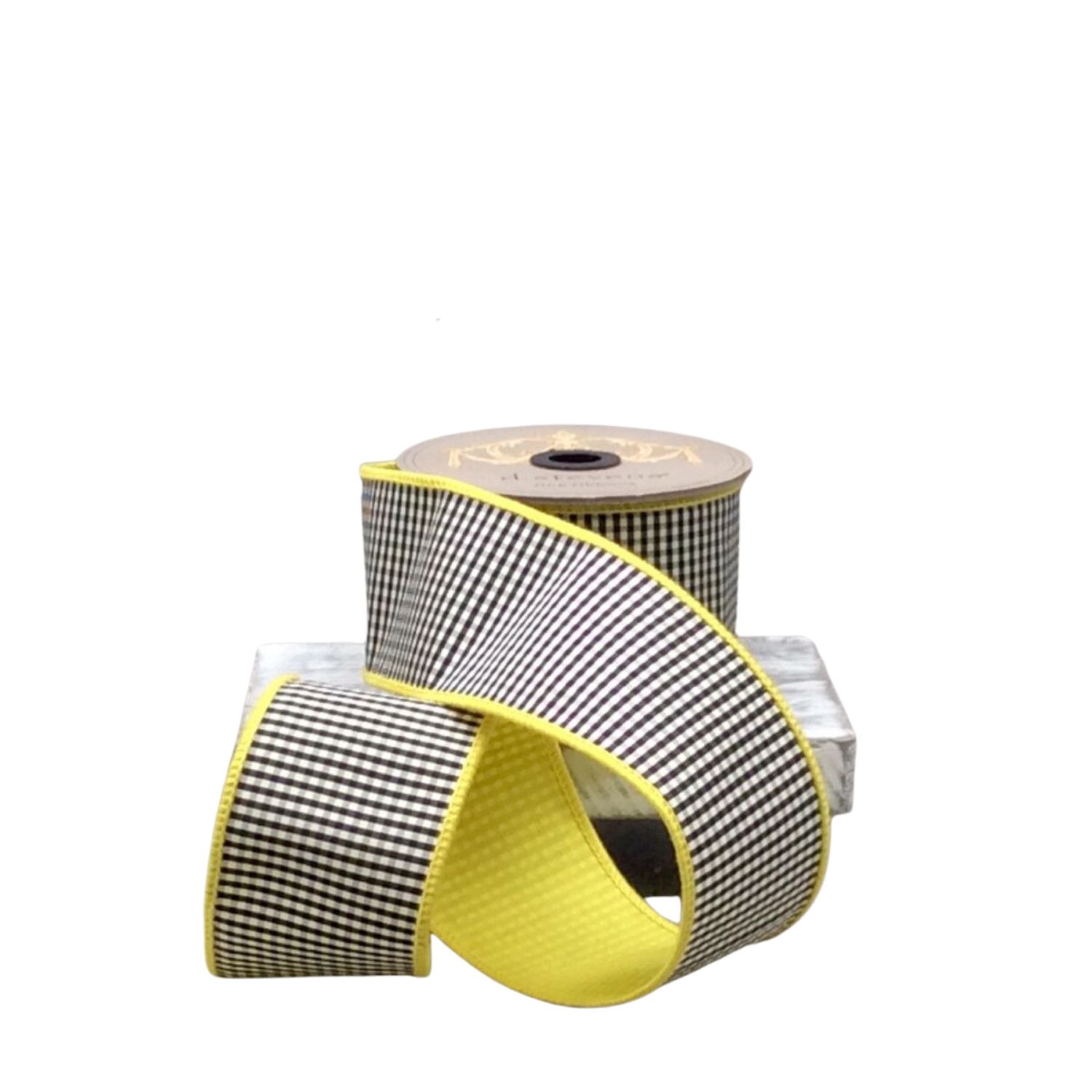 2.5" x 10yds Faux Dupion Mini Check Ribbon | Black &amp; White with Yellow Back