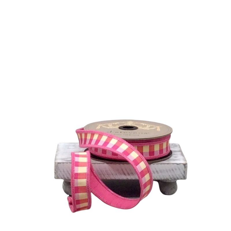 1" x 10yds Faux Dupion Check Ribbon | Pink, Blue &amp; Pale Yellow with Hot Pink Back