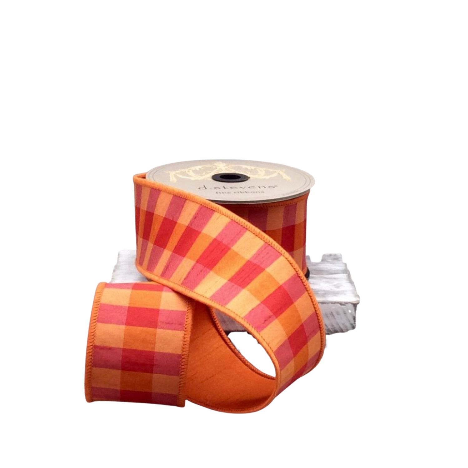 2.5" x 10yds Faux Dupion Check Ribbon | Orange &amp; Red with Orange Back