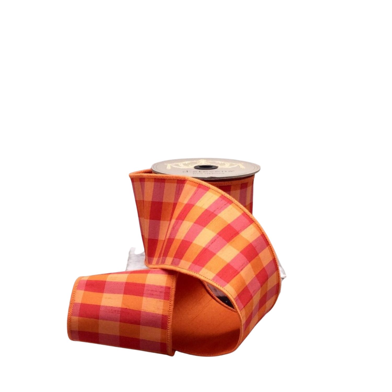 4" x 10yds Faux Dupion Check Ribbon | Orange &amp; Red with Orange Back