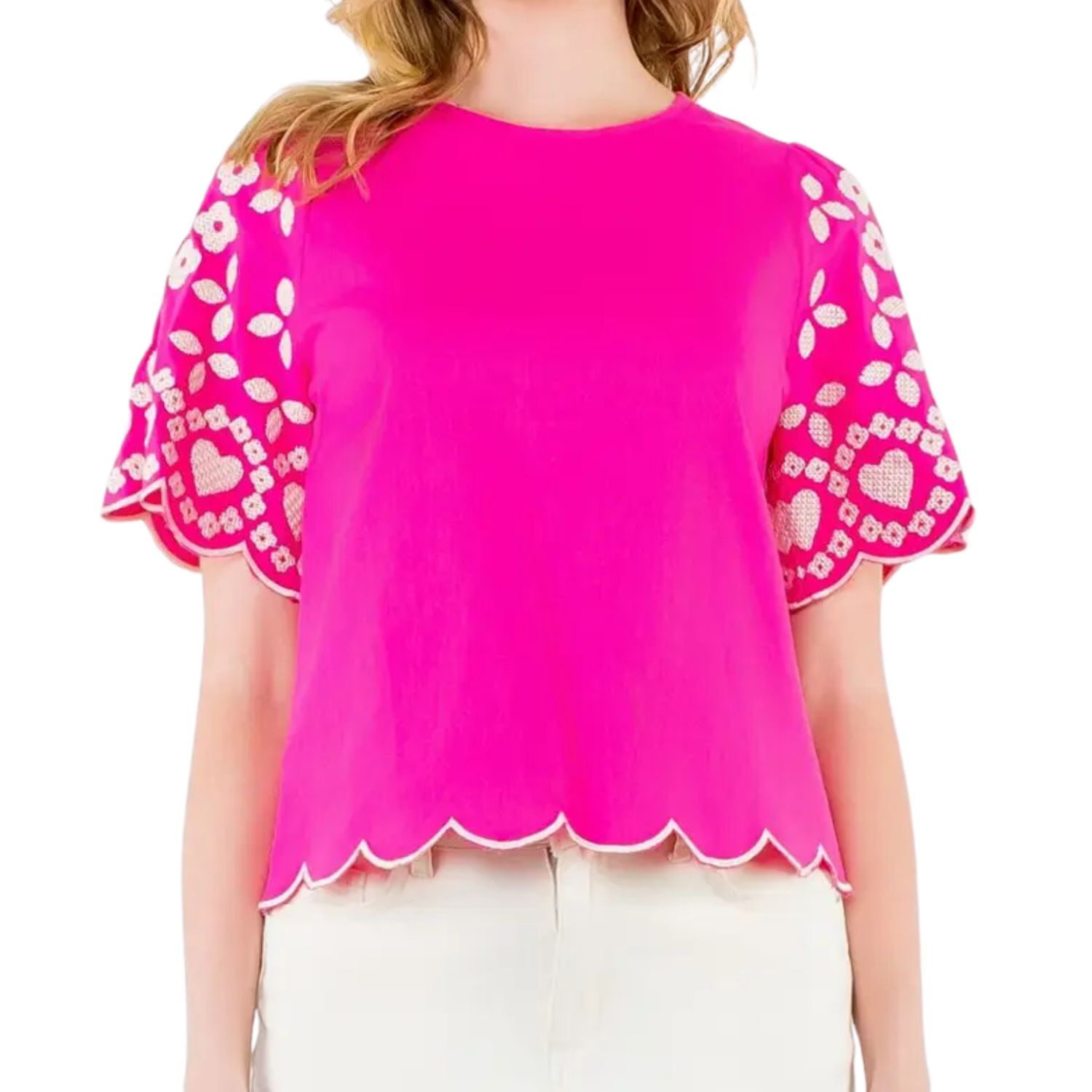 Embroidered Short Sleeve Scallop Hem Top
