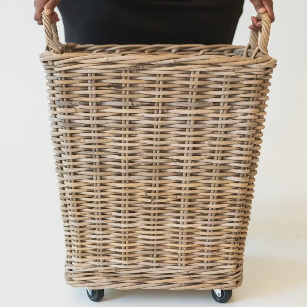 Rattan Square Storage Basket On Wheels- 27" H