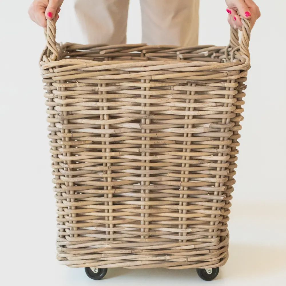 Rattan Square Storage Basket On Wheels- 23" H